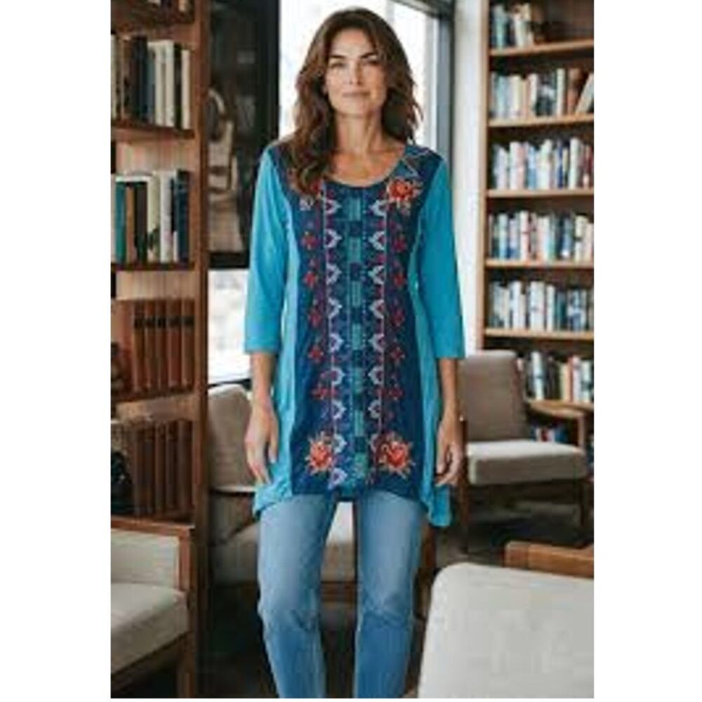 Johnny Was Aztec Embroidered Turquoise Tunic M